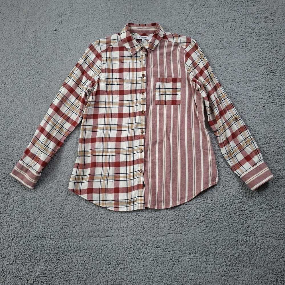 Foxcroft NYC Autumn Plaid Striped Flannel Button Up Roll Tab Sleeve Shirt Size 8